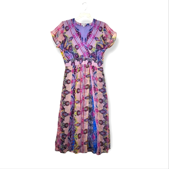 J. PETERMAN Flowy V-neck Dress in Floral Pink Purple Multi 14 - Picture 1 of 4